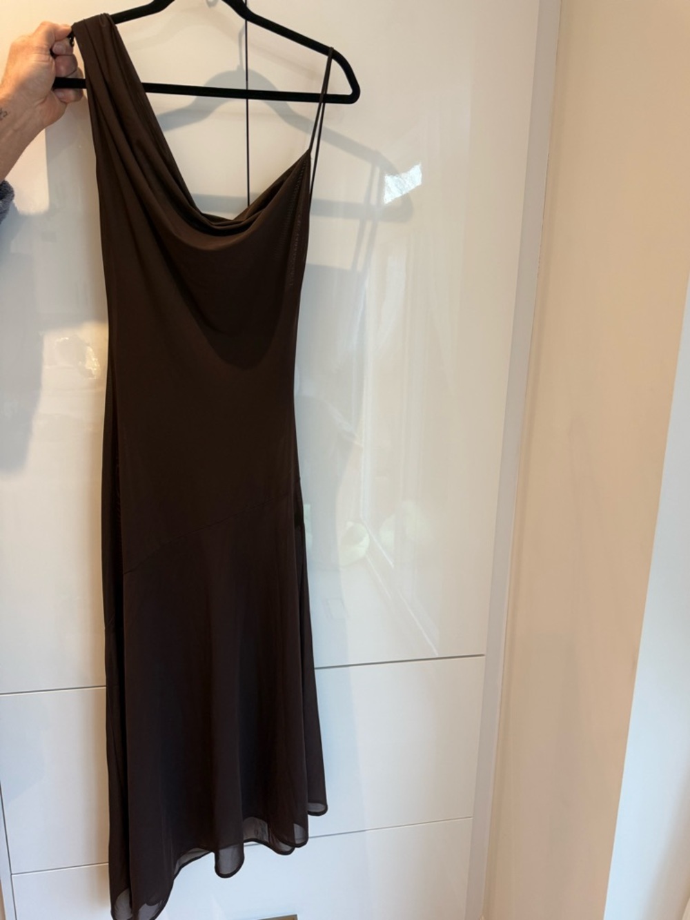 ZARA Chocolate Brown Asymmetrical Draped Strap Maxi Dress w/ Built-In Bodysuit - Picture 8 of 11